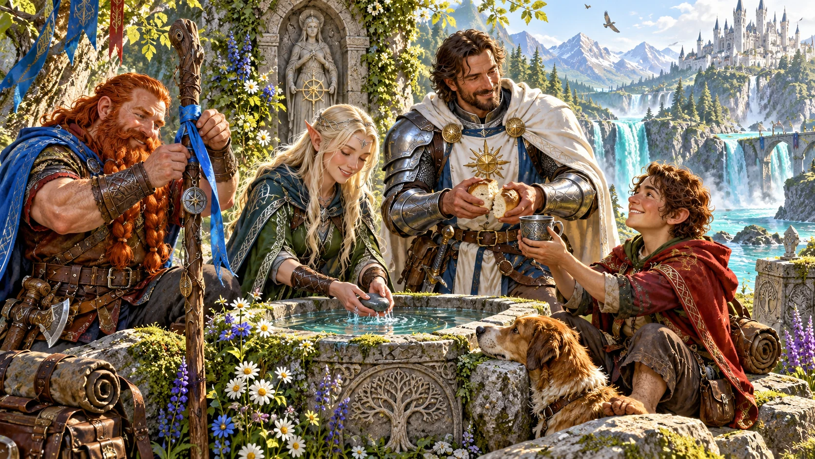 Illustrated fantasy companions share bread and a cup, tie a ribbon and touch a fountain beside a waterfall.