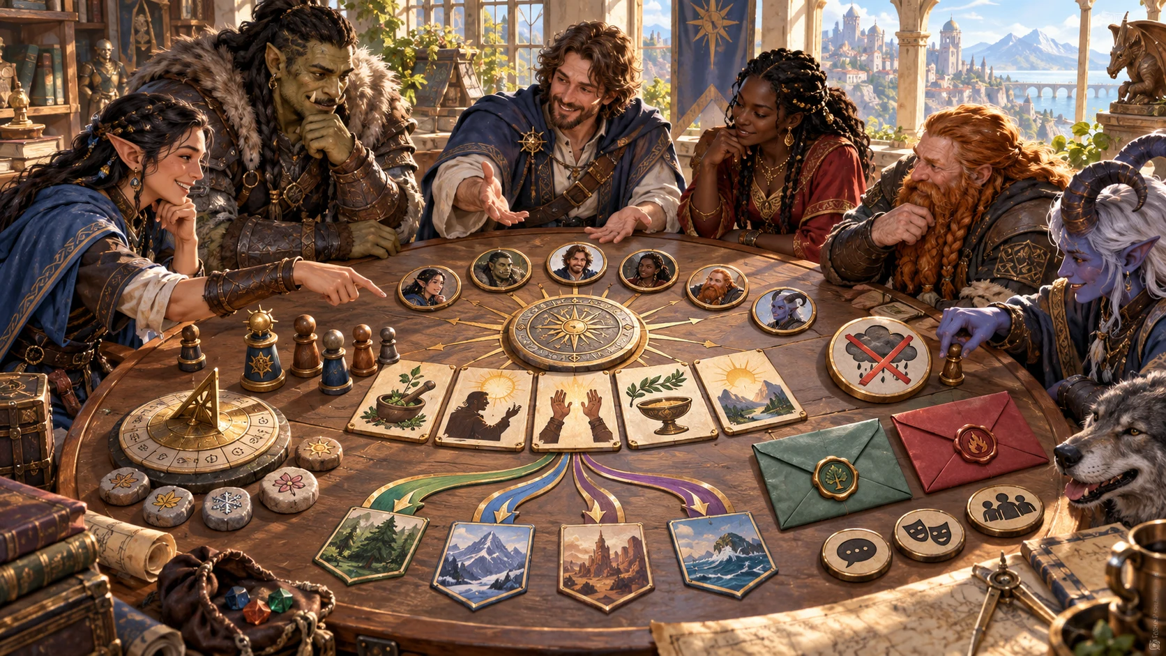 An illustrated fantasy game group considers origins, ritual steps, timing and changes using portraits and symbols around a table.